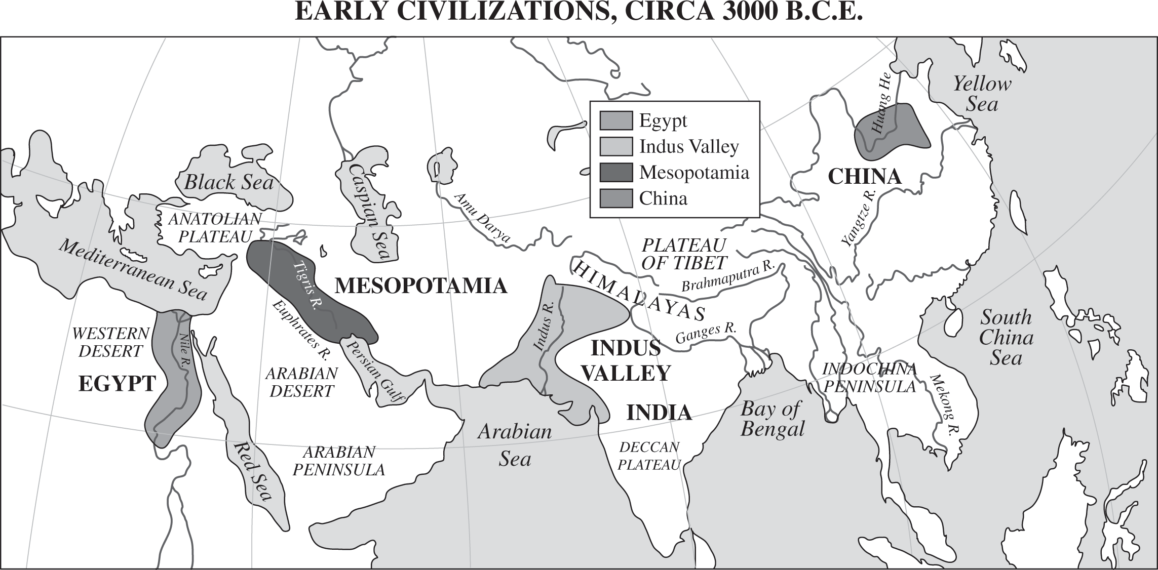 A map shows early civilizations circa 3000 B C E. Egypt is located along the Nile River. The Indus Valley civilization is located along the Indus River. Mesopotamia is located between the Tigris and Euphrates rivers. China is located along the Huang He river.