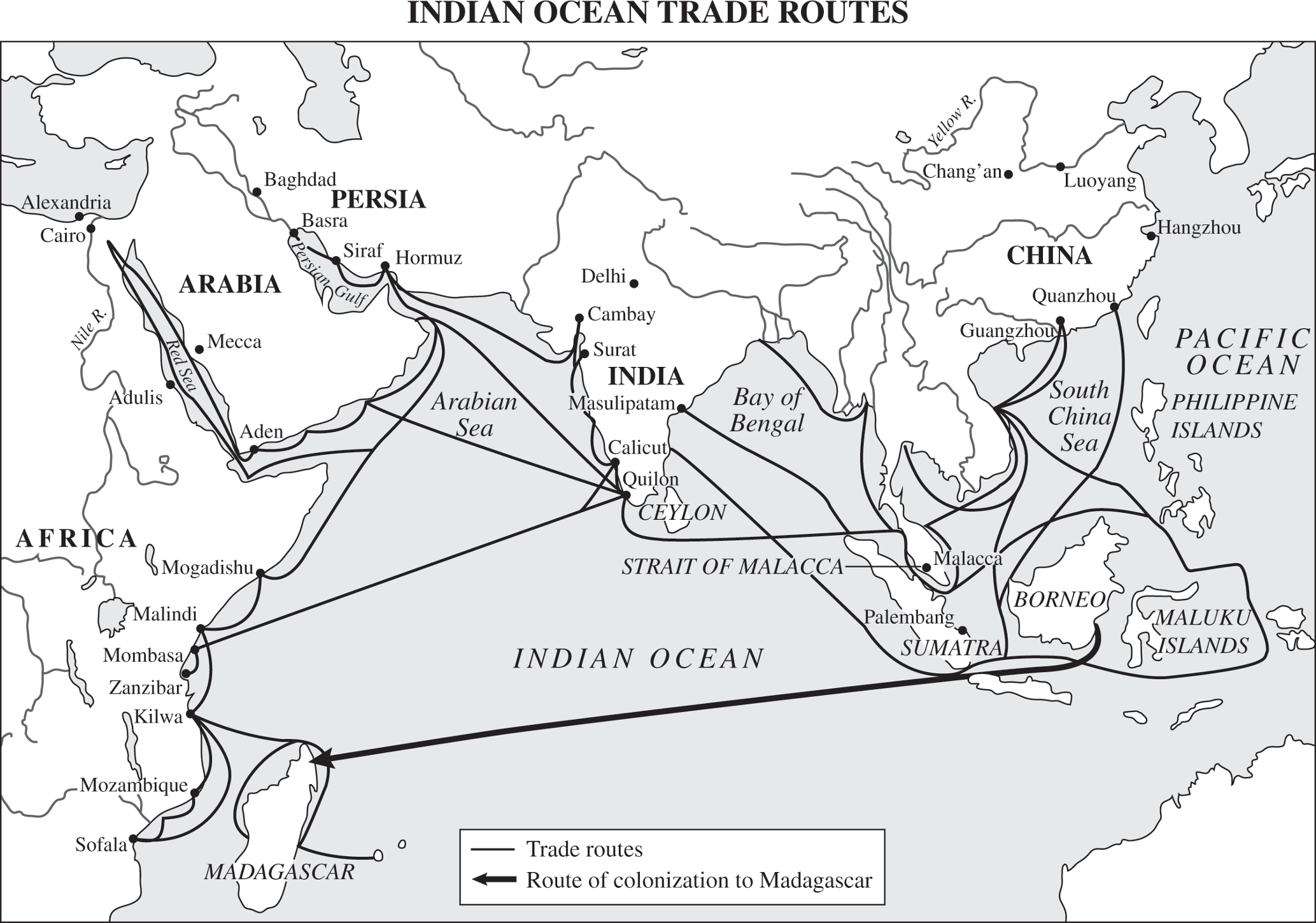 A map of Indian ocean trade routes. Trade routes cross the entire ocean region around Madagascar, and in the following cities on the east coast of Africa: Sofala, Mozambique, Zanzibar, Mombasa, Malindi, and Mogadishu. Along the red sea, the routes go to the following cities: Adulis, Cairo, Alexandria, Mecca, and Aden. In the Persian Gulf, the cities on the route are: Basra, Siraf, Baghdad, and Hormuz. In India, it extends through Cambay, Surant, Calicut, Quilon, and Masulipatan. It then crosses all around Sumatra, Borneo, the Maluku Islands, and China. The route of colonization to Madagascar goes from Borneo across Sumatra, across the Indian ocean, to Madagascar. 