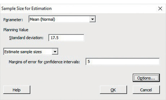 Figure 7.17 shows the following input for the Minitab program: Parameter: Mean (Normal) Standard deviation: 17.5 Estimate Sample Sizes Margins of error for confidence intervals: 5