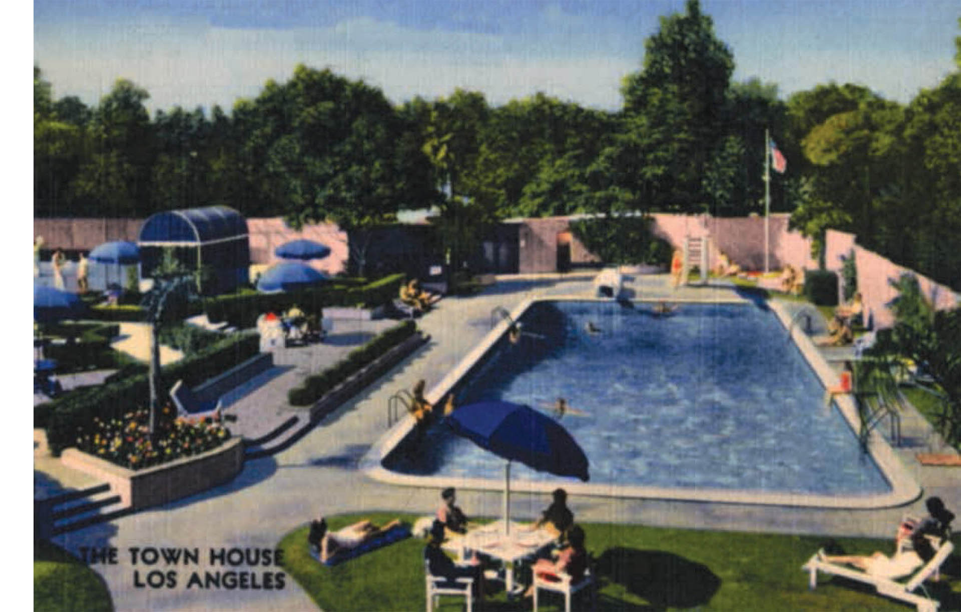 Postcard featuring the Town House pool, 1951.