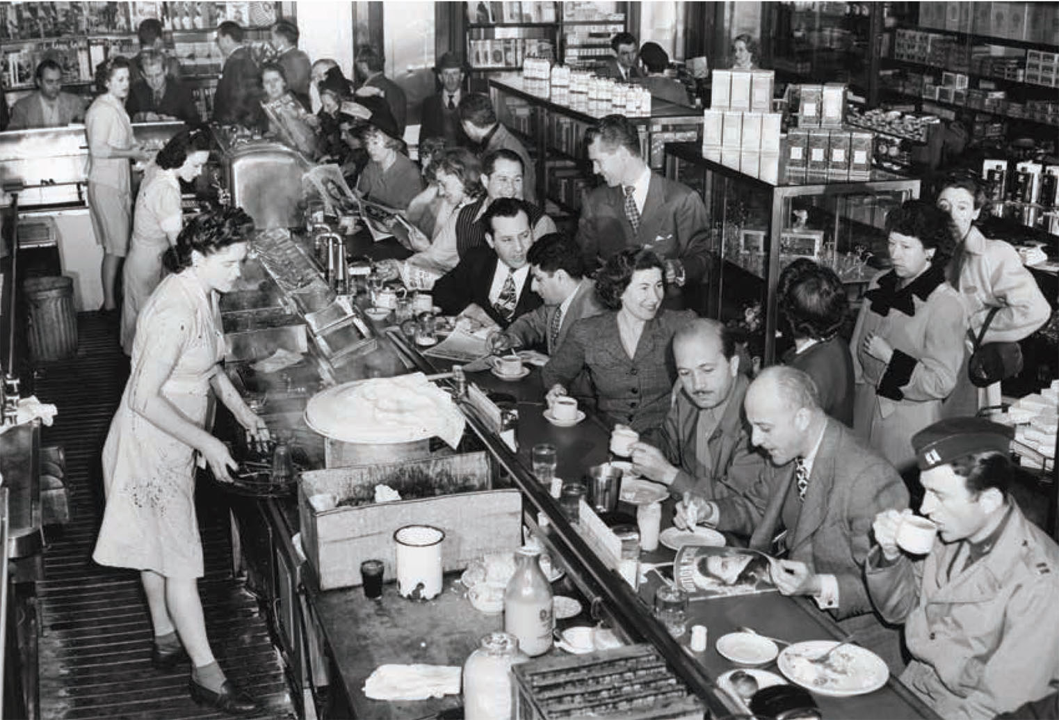 Behind the counter at Schwab’s, 1945.