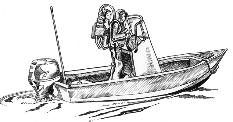 An adult woman and a small child on a small motorboat.