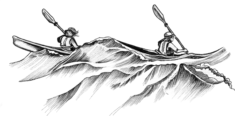 Two kayakers on waves