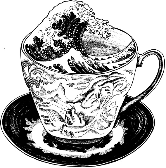 A teacup with a large wave inside of it. The wave references the classic woodblock painting by Hokusai, The Great Wave Off Kanagawa.