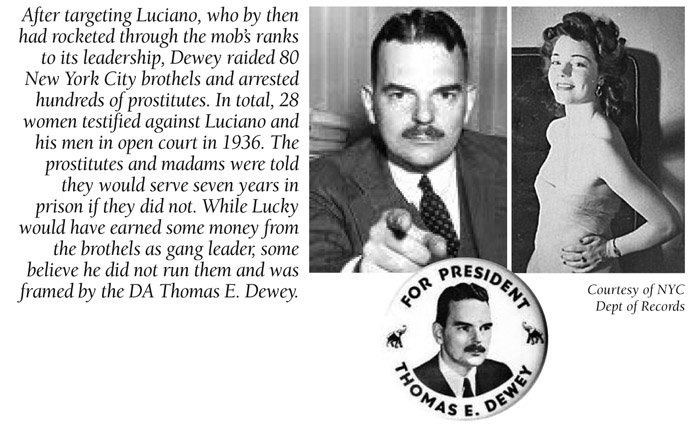 After targeting Luciano, who by then had rocketed through the mob’s ranks to its leadership, Dewey raided 80 New York City brothels and arrested hundreds of prostitutes. In total, 28 women testified against Luciano and his men in open court in 1936. The prostitutes and madams were told they would serve seven years in prison if they did not. While Lucky would have earned some money from the brothels as gang leader, some believe he did not run them and was framed by the DA Thomas E. Dewey.Courtesy of NYC Dept of Records