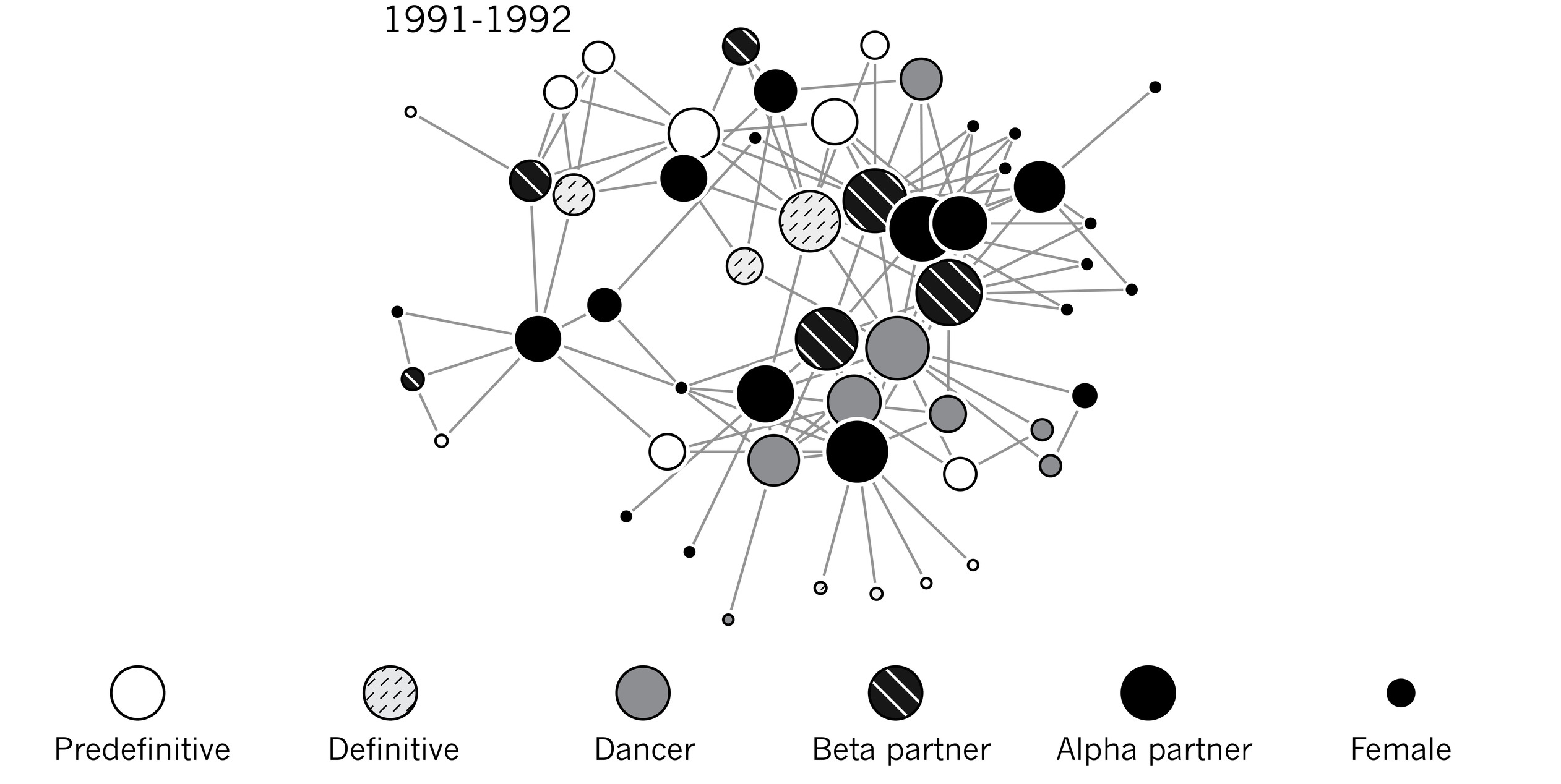 The social network of male Long-tailed Manakins for a single year identified by social status.  From McDonald (2007) .