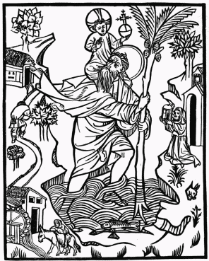 FIG. 2.—St. Christopher, 1423. From Ottley’s “Inquiry into the Origin and Early History of Engraving upon Copper and in Wood.”