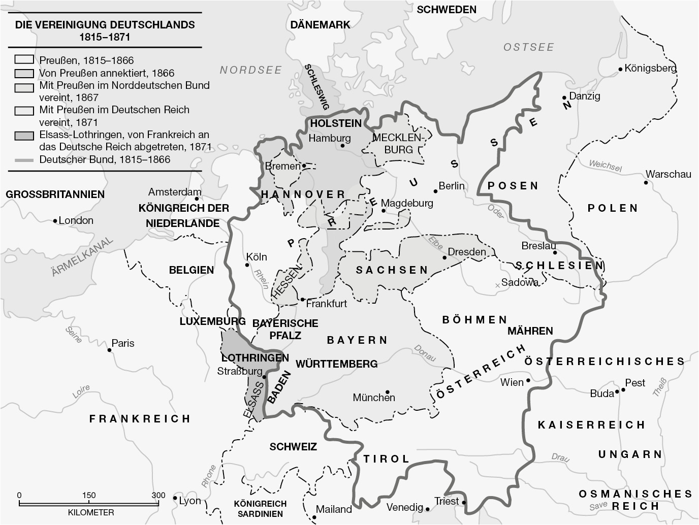 Karte der deutschen Staaten zwischen den Jahren 1815 und 1871.