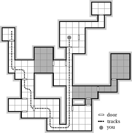 A partial traversal of a typical role-playing dungeon. Think of the rooms and nodes and the doors as edges. The traversal tree is defined by your tracks; the fringe (the traversal queue) consists of the neighboring rooms. The remaining (darkened) rooms haven't been discovered yet.