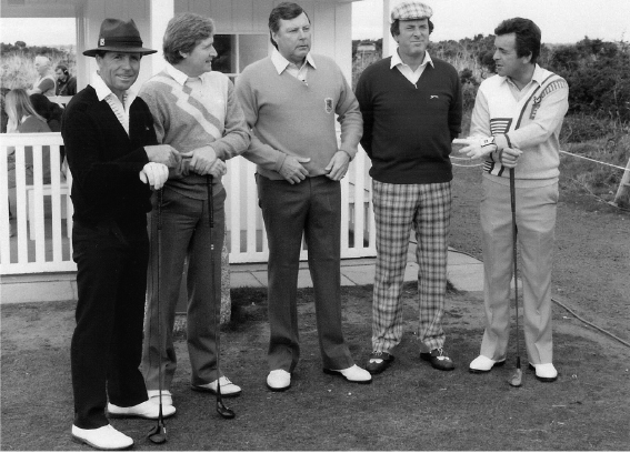 Gary Player, Peter Alliss, Terry Wogan, Tony Jacklyn and William Roache - golf photo