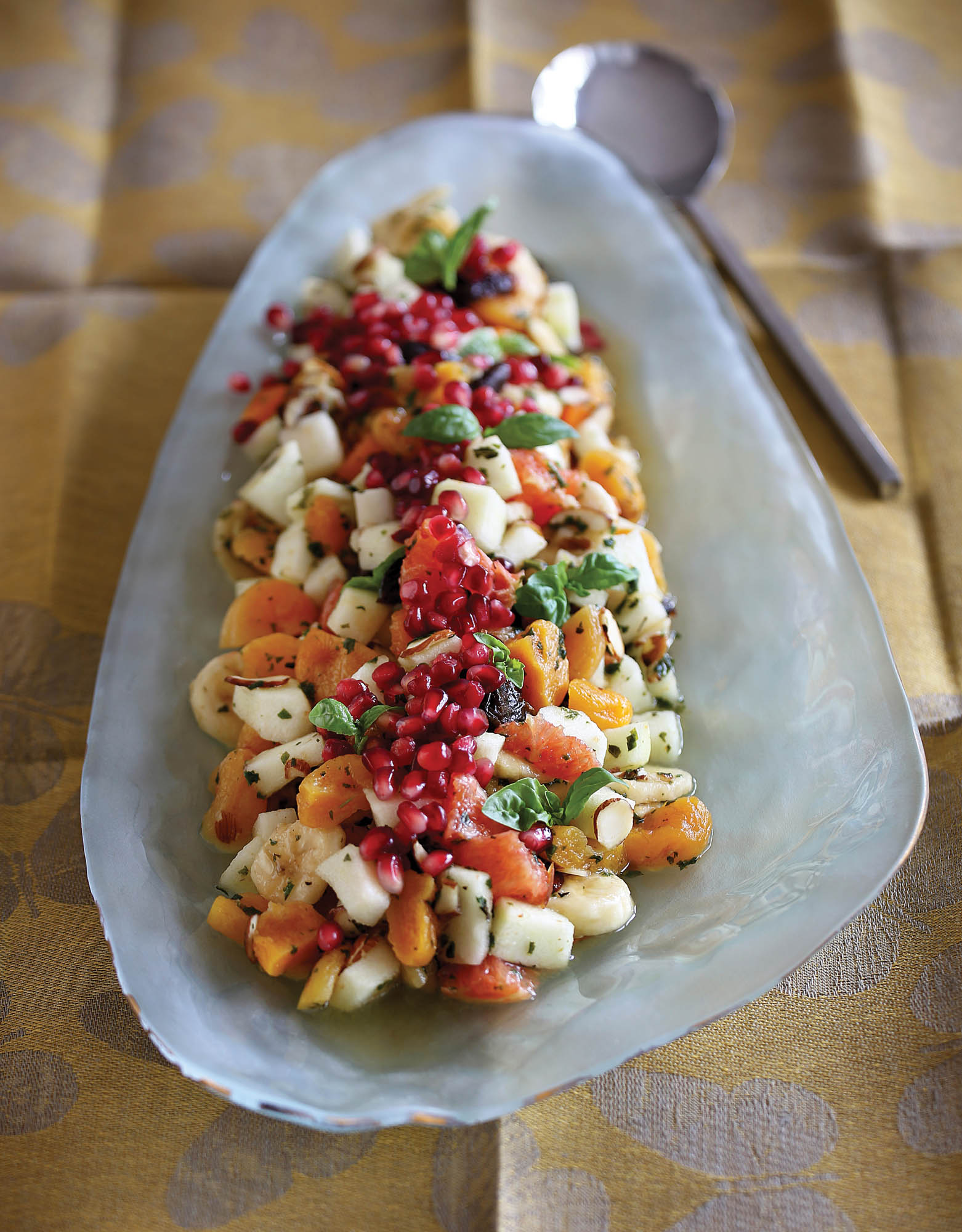 Fresh and Dried Fruit Salad in Sweet Basil Syrup.