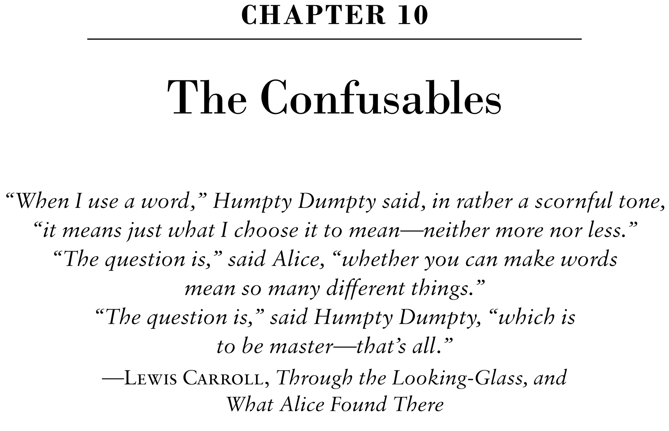 Chapter 10 The Confusables “When I use a word,” Humpty Dumpty said, in rather a scornful tone, “it means just what I cho