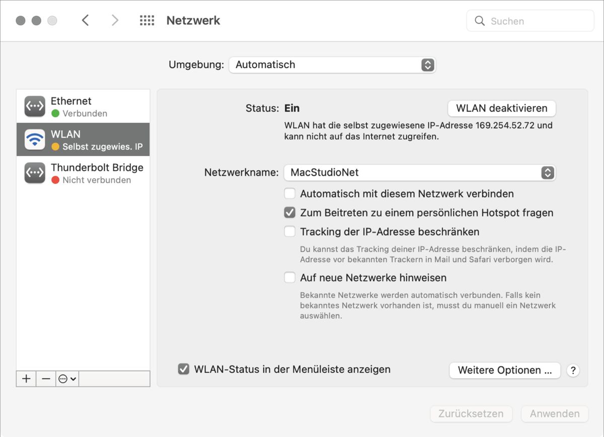 Wurde kein DHCP-Server gefunden, weist sich macOS selbst eine IP zu.