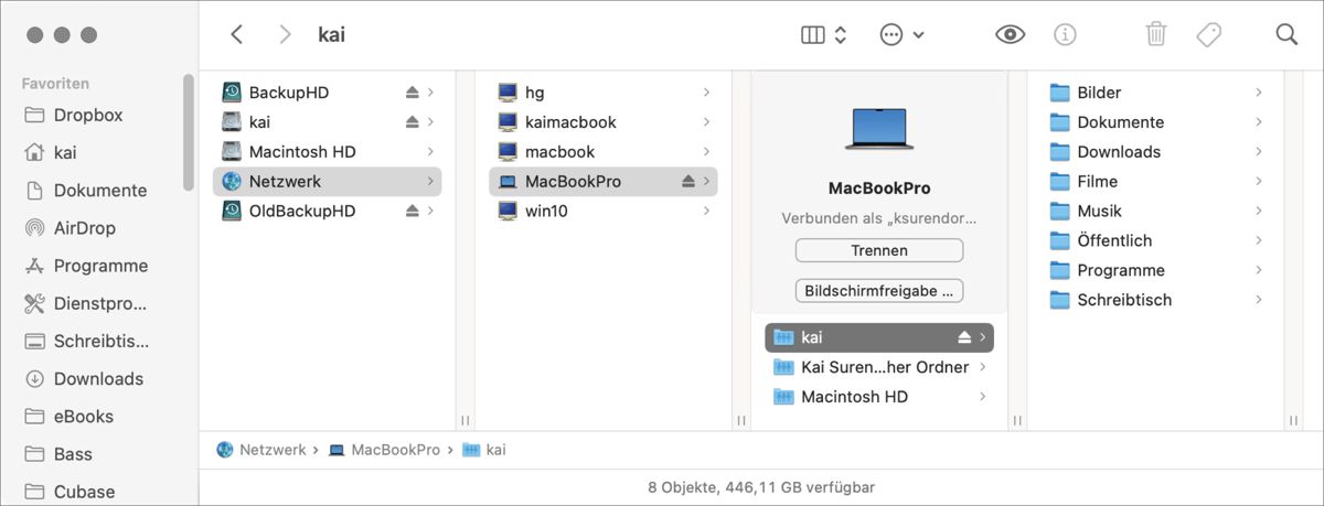 Der Rechner »MacBookPro« kommuniziert seine Dateidienste über Bonjour im lokalen Netzwerk.