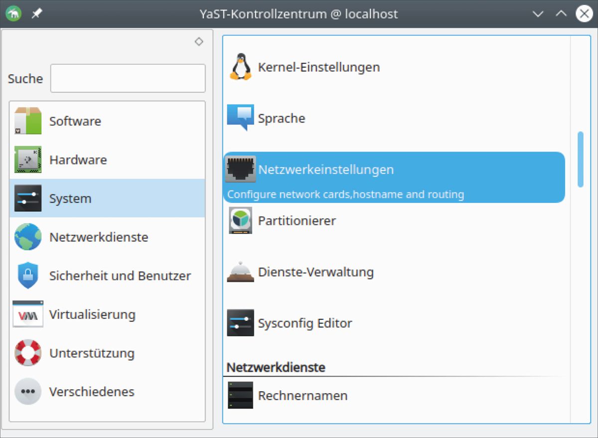 Mit dem Konfigurationstool YaST2 bearbeiten Sie Netzwerkeinstellungen.