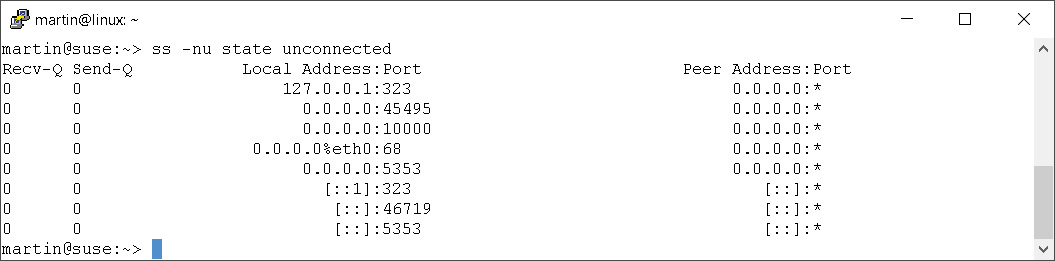 Der Befehl »ss -nu« listet die TCP-/UDP-Verbindungen auf.
