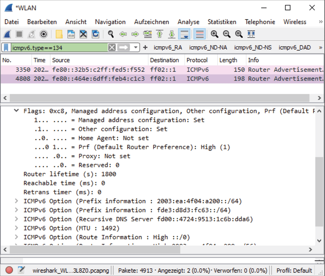 Der Router vermittelt Stateful DHCPv6.