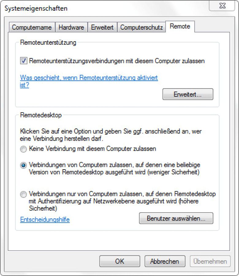 Der Remotedesktop muss aktiviert werden.