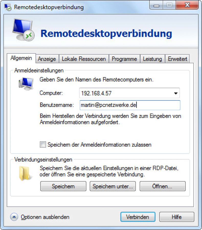 Remotedesktop-Verbindung einstellen