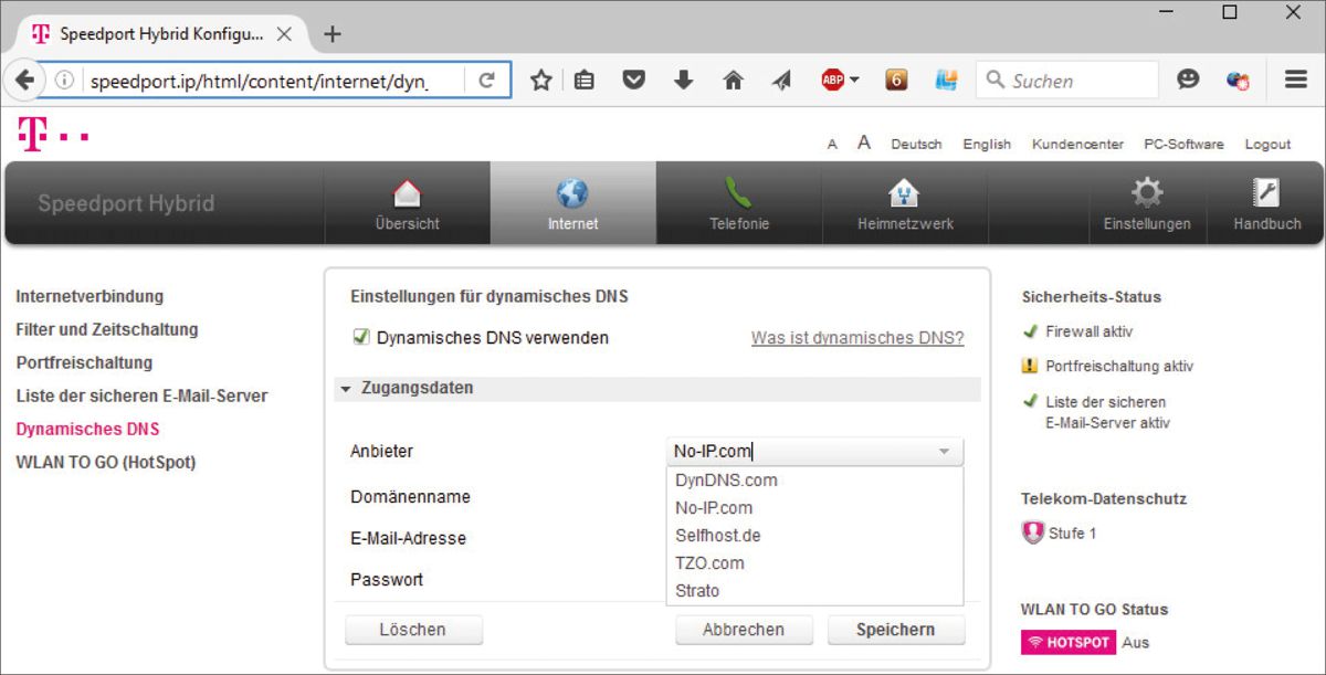 Der Speedport-Hybridrouter beherrscht DynDNS.