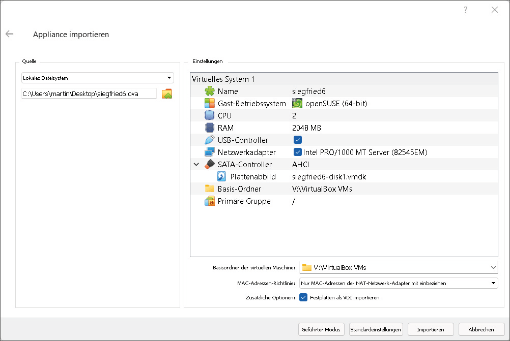 Import von siegfried6 unter VirtualBox