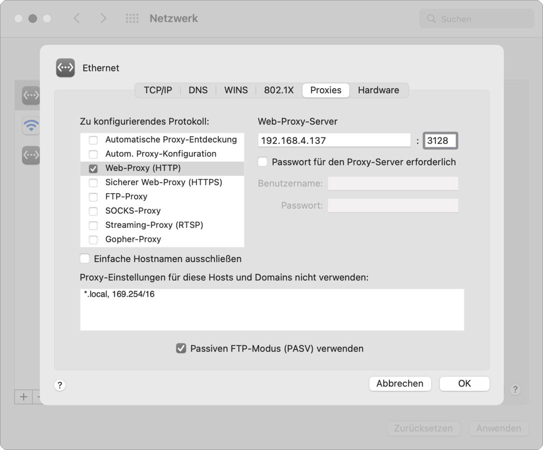 Die Nutzung von Proxyservern wird in den erweiterten Einstellungen einer Netzwerkschnittstelle festgelegt.
