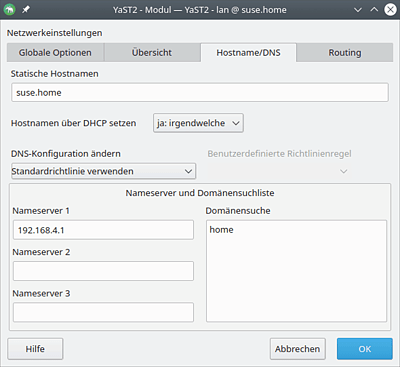 Den Hostnamen und den Nameserver mit YaST2 einstellen