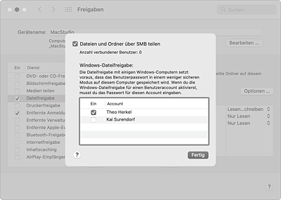 Die Benutzerkonten, die über SMB auf Freigaben zugreifen dürfen, müssen eigens ausgewählt werden.