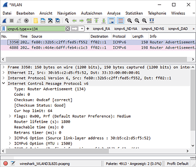 Wireshark filtert zwei Quellen von Router Advertisements heraus.