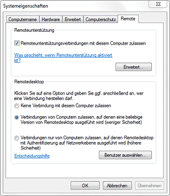 Der Remotedesktop muss aktiviert werden.