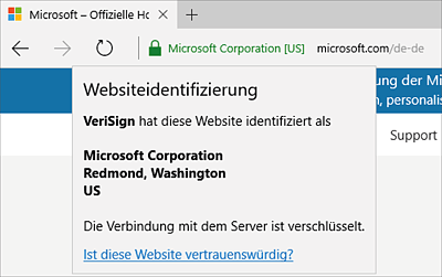 Edge informiert über den Herausgeber des Zertifikats.