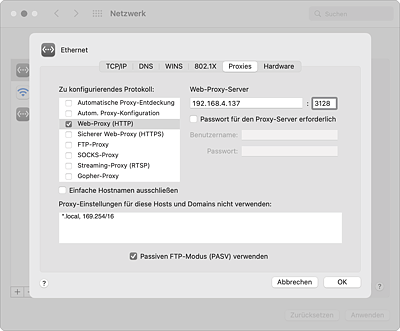 Die Nutzung von Proxyservern wird in den erweiterten Einstellungen einer Netzwerkschnittstelle festgelegt.