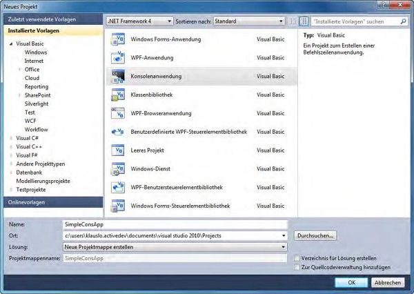 Mit diesem Dialog, den Sie mit Datei/Neu/Projekt erreichen, erstellen Sie ein neues Projekt für eine Konsolenanwendung