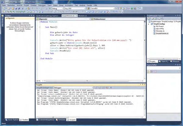 Die IDE von Visual Studio 2010 nach dem Anlegen einer neuen Konsolenanwendung und der Nacharbeitung einiger Codezeilen