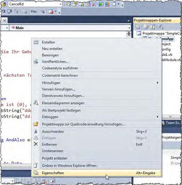 Öffnen Sie das Kontextmenü des Projekts im Projektmappen-Explorer ...