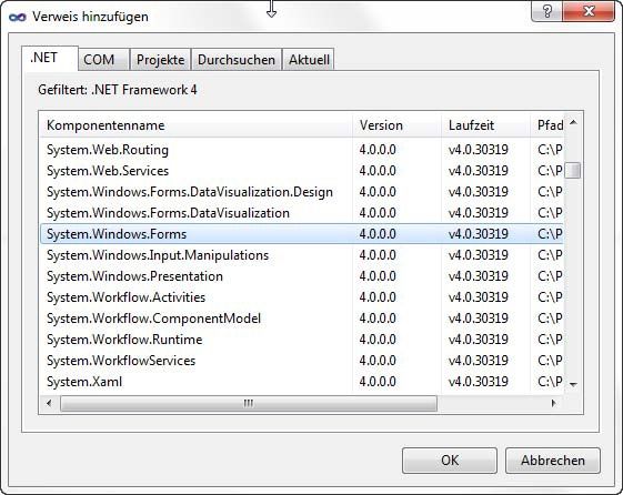 In diesem Dialog wählen Sie die Assembly aus, auf die Ihr Projekt (und damit die aktuelle Assembly) verweisen soll