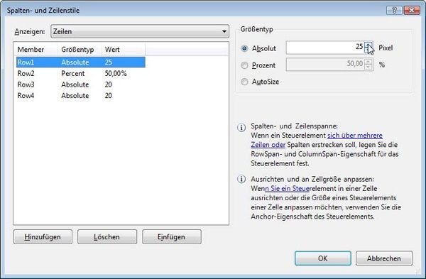In diesem Dialog konfigurieren Sie die Größenverhältnisse der einzelnen Zellen