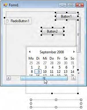 In diesem Beispiel befinden sich alle Steuerelemente in einem Panel, das als Container fungiert. Da nicht alle Steuerelemente in den sichtbaren Ausschnitt passen und die AutoScroll-Eigenschaft des Panel gesetzt ist, lässt sich der dargestellte Ausschnitt zur Entwurfs- und Laufzeit mit automatisch zur Verfügung gestellten Bildlaufleisten einstellen