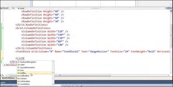 IntelliSense lässt Sie auch im XAML- Editor nicht alleine