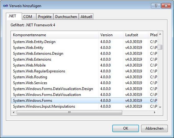 Binden Sie den Assembly-Verweis auf System.Windows.Forms ein