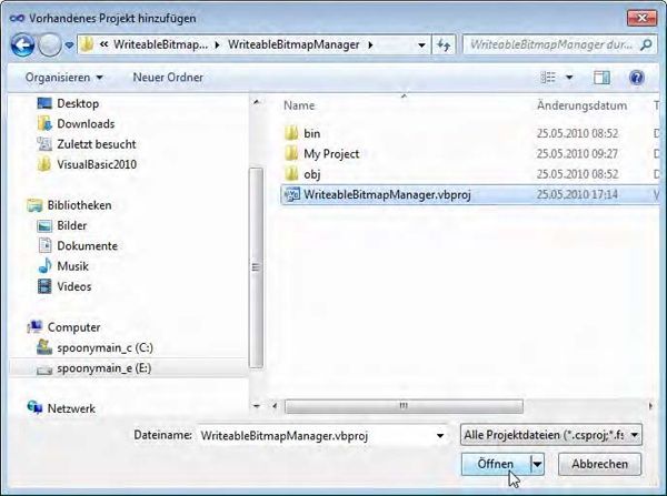 Wählen Sie die Projektdatei des WriteableBitmapManager