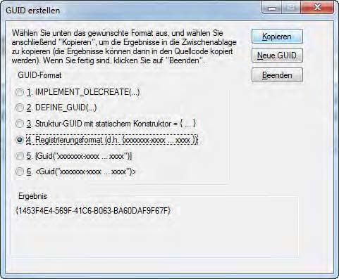 Mit diesem Dialog der Visual Studio-IDE können Sie auf einfache Weise eine GUID-Konstante erstellen