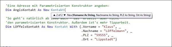 IntelliSense hilft Ihnen bei der Auswahl der richtigen Signatur bei überladenen Methoden wie Konstruktoren