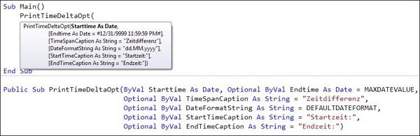 ...und auch bei den Signaturen zeigt Ihnen IntelliSense nicht nur die Variablennamen, sondern auch die Standardwerte, mit denen die Parameter beim Weglassen initialisiert werden