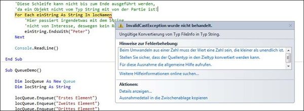 Achten Sie beim Iterieren mit For Each durch eine Auflistung darauf, dass die Elemente dem Schleifenvariablentyp entsprechen, um solche Ausnahmen zu vermeiden!