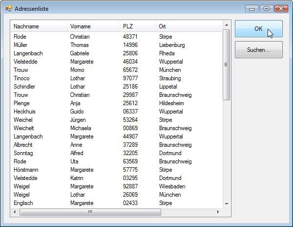Sortierung und Suche steuern Sie über die Spaltenköpfe in dieser Adressenliste