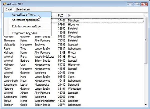 Die Adressenverwaltung »Adresso.NET« erlaubt es in dieser Ausbaustufe, Zufallsadressen zu generieren und erstellte Listen in Dateien zu speichern und zu laden