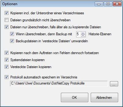 DotNetCopy erlaubt es, bestimmte Kopiereinstellungen im Optionen-Dialog zu konfigurieren