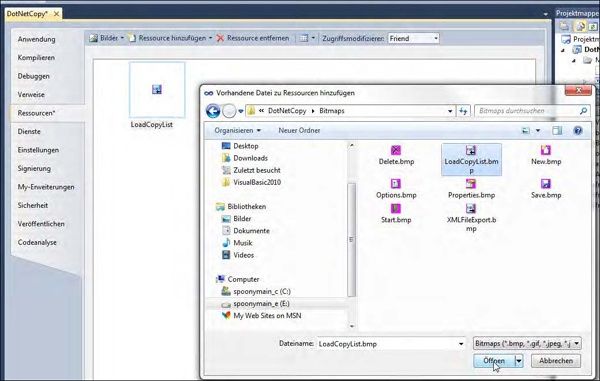 Öffnen Sie die Schaltfläche Ressource hinzufügen (mit einem Klick auf das Dreiecksymbol neben dem Schaltflächennamen, nicht auf die Schaltfläche selbst klicken!), und wählen Sie aus der Auswahlliste Datei hinzufügen, um beispielsweise eine Bitmap in die Ressourcendatei aufzunehmen, die Sie dann zur Laufzeit mit My.Resource und dem Laden von Elementen zuweisen können