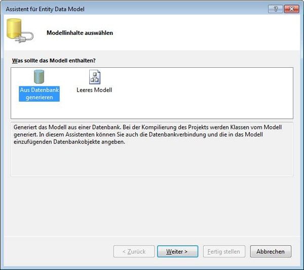 Bestimmen Sie im ersten Schritt des Assistenten, ob Sie ein Modell aus der Datenbank generieren lassen möchten oder ein leeres Modell verwenden